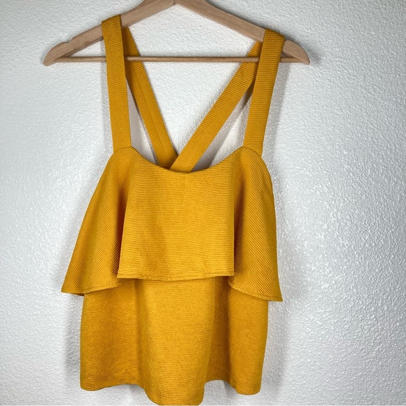 Madewell Tank Top Gold Criss Cross Strap Crop Medium Yellow Ribbed Ruffle - Picture 6 of 16
